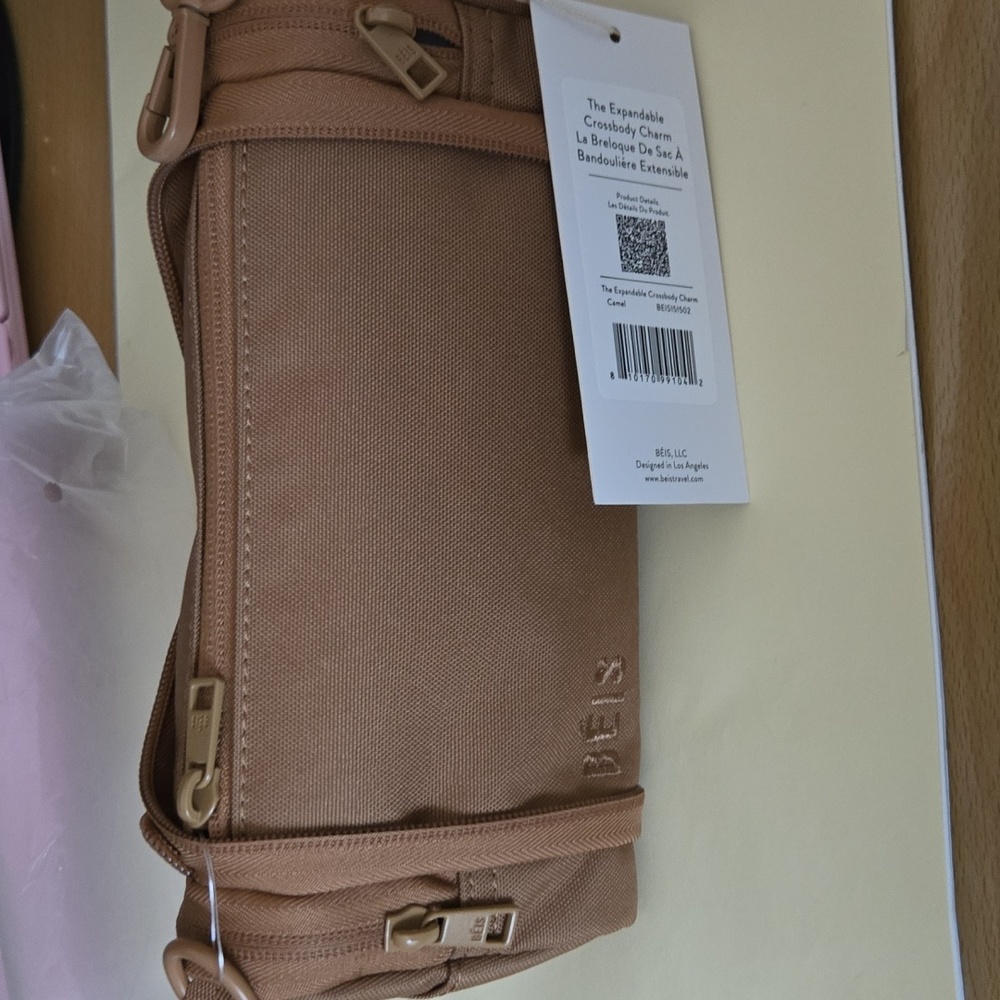 New BEIS Camel Tan Expandable Crossbody Charm Bag with Adjustable Shoulder Strap